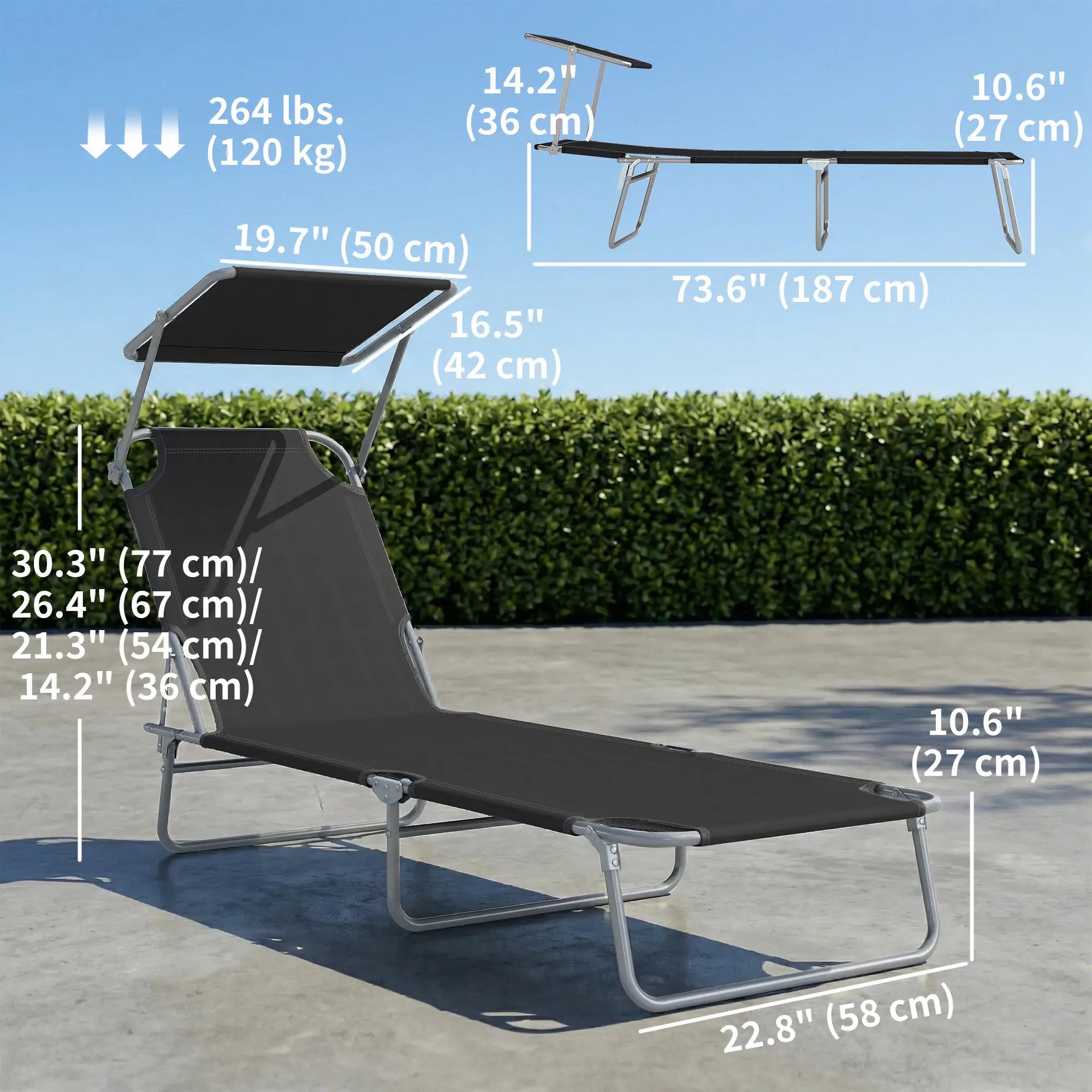 Adjustable Folding Chaise Lounge, Outdoor Tanning Chair with Sun Shade, Black Lounger Chairs at Gallery Canada