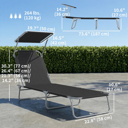 Adjustable Folding Chaise Lounge, Outdoor Tanning Chair with Sun Shade, Black Lounger Chairs at Gallery Canada