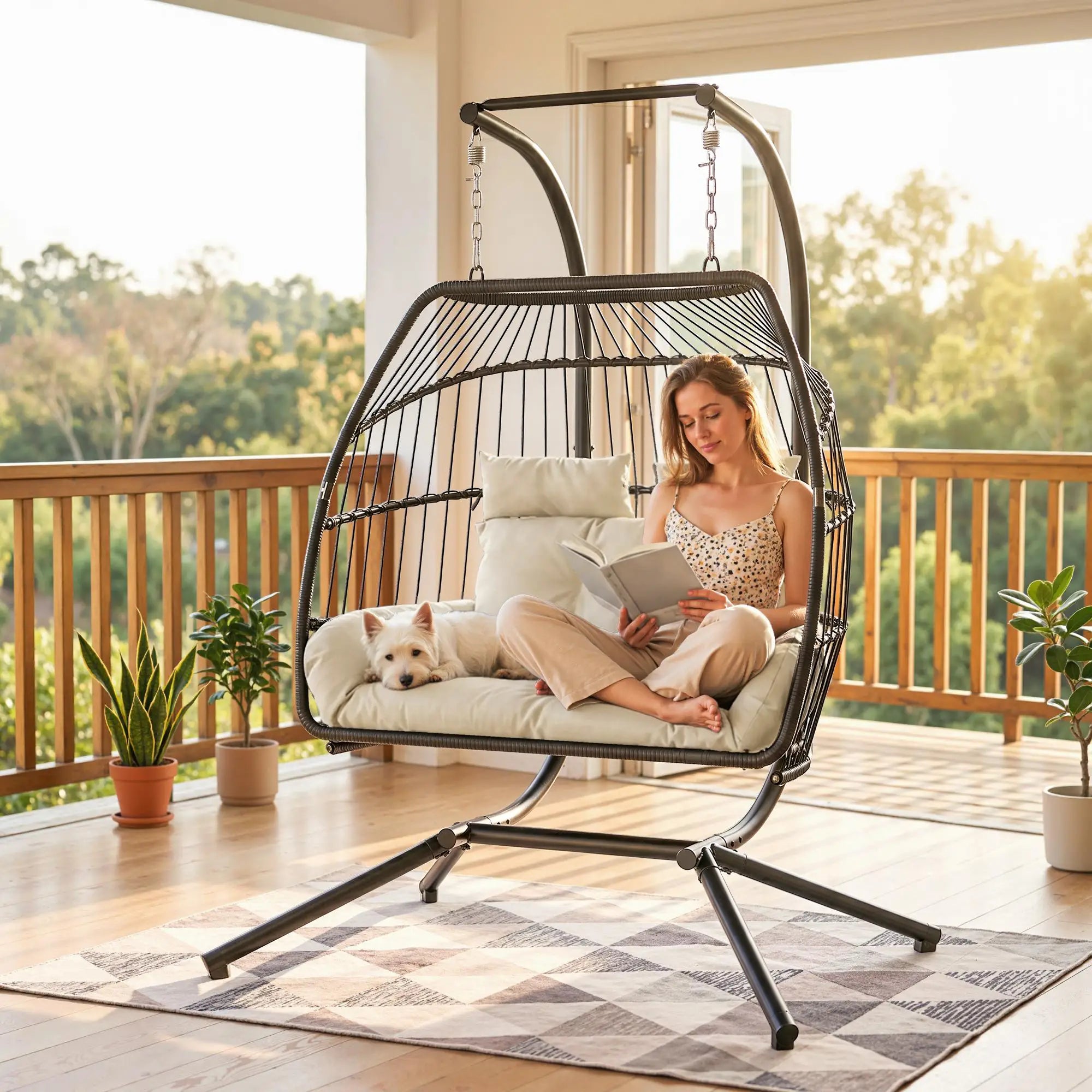 Double Wicker Egg Swing Chair, Foldable with Stand, UV Resistant Cushion, Cream White Patio Swings with Stand at Gallery Canada