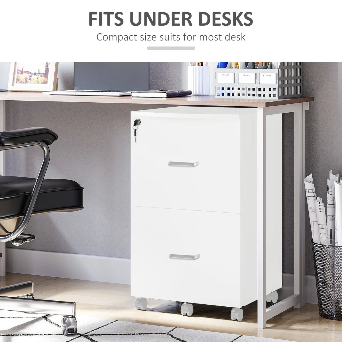 2 Drawer Mobile File Cabinet with Lock, Wood, Letter and A4 Size, White Office Cabinets & Cupboards at Gallery Canada