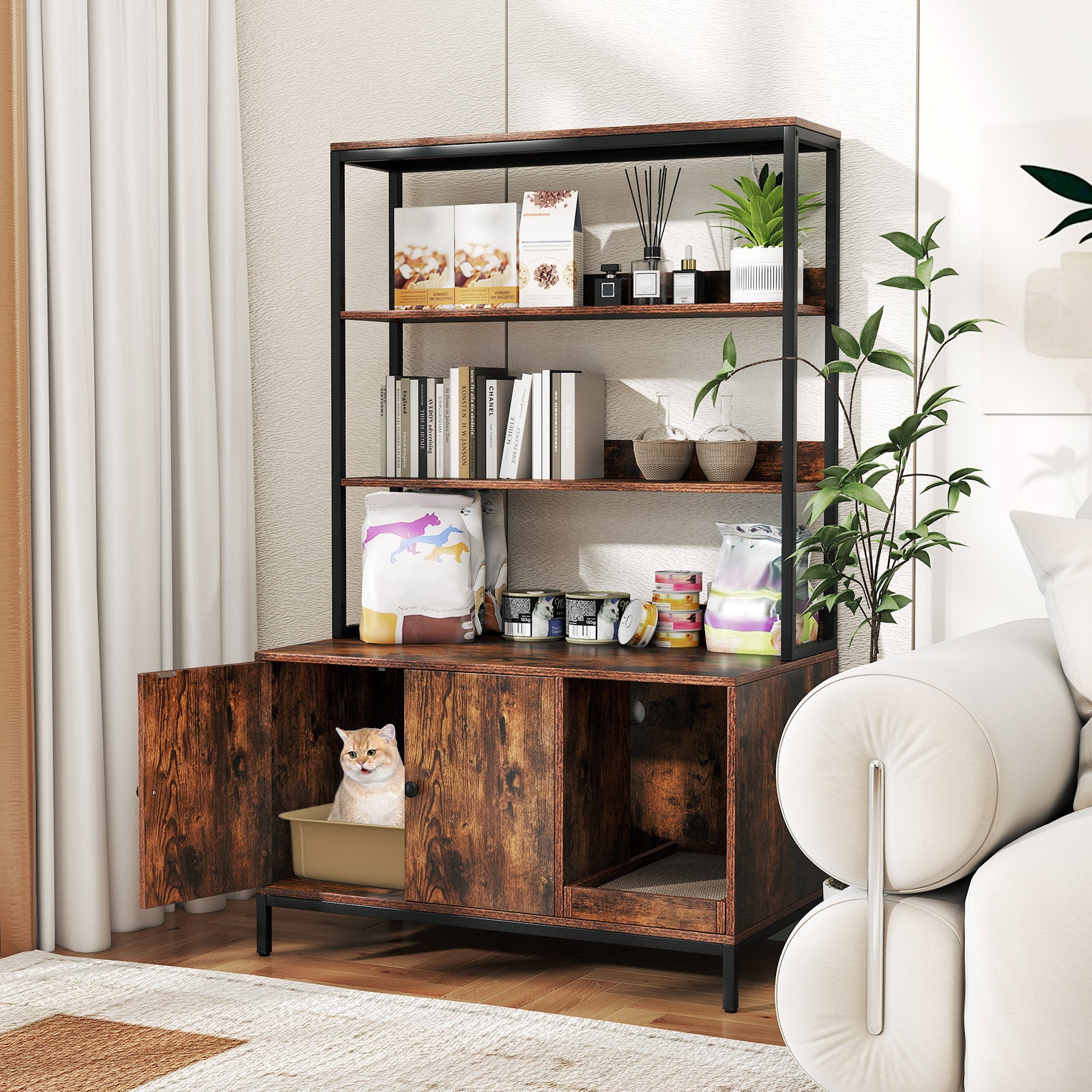 57 Inches Cat Litter Box Enclosure with Storage and Removable Scratcher, Coffee Cat Houses at Gallery Canada