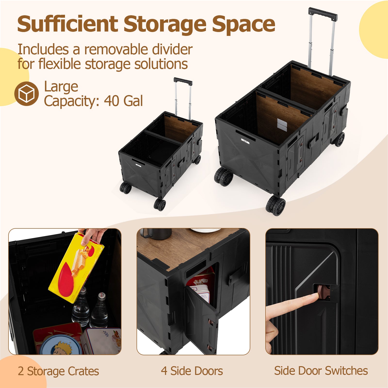 Large Foldable Utility Cart with 2-Tier Storage Crates and Telescoping Handle, Black Camping Furniture at Gallery Canada