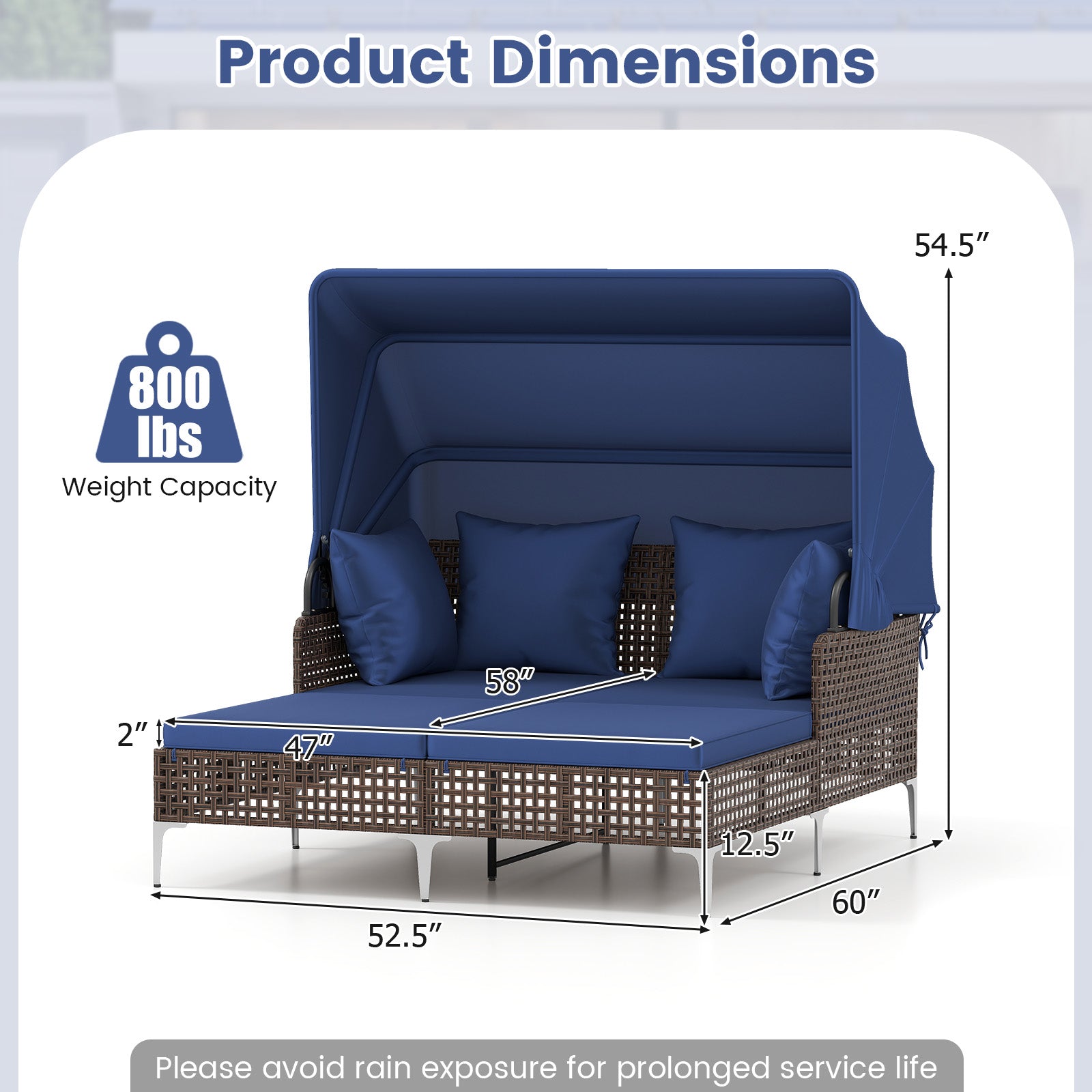 Outdoor Daybed with Retractable Canopy PE Wicker Rattan Patio Lounger, Navy Outdoor Chaise Lounges at Gallery Canada