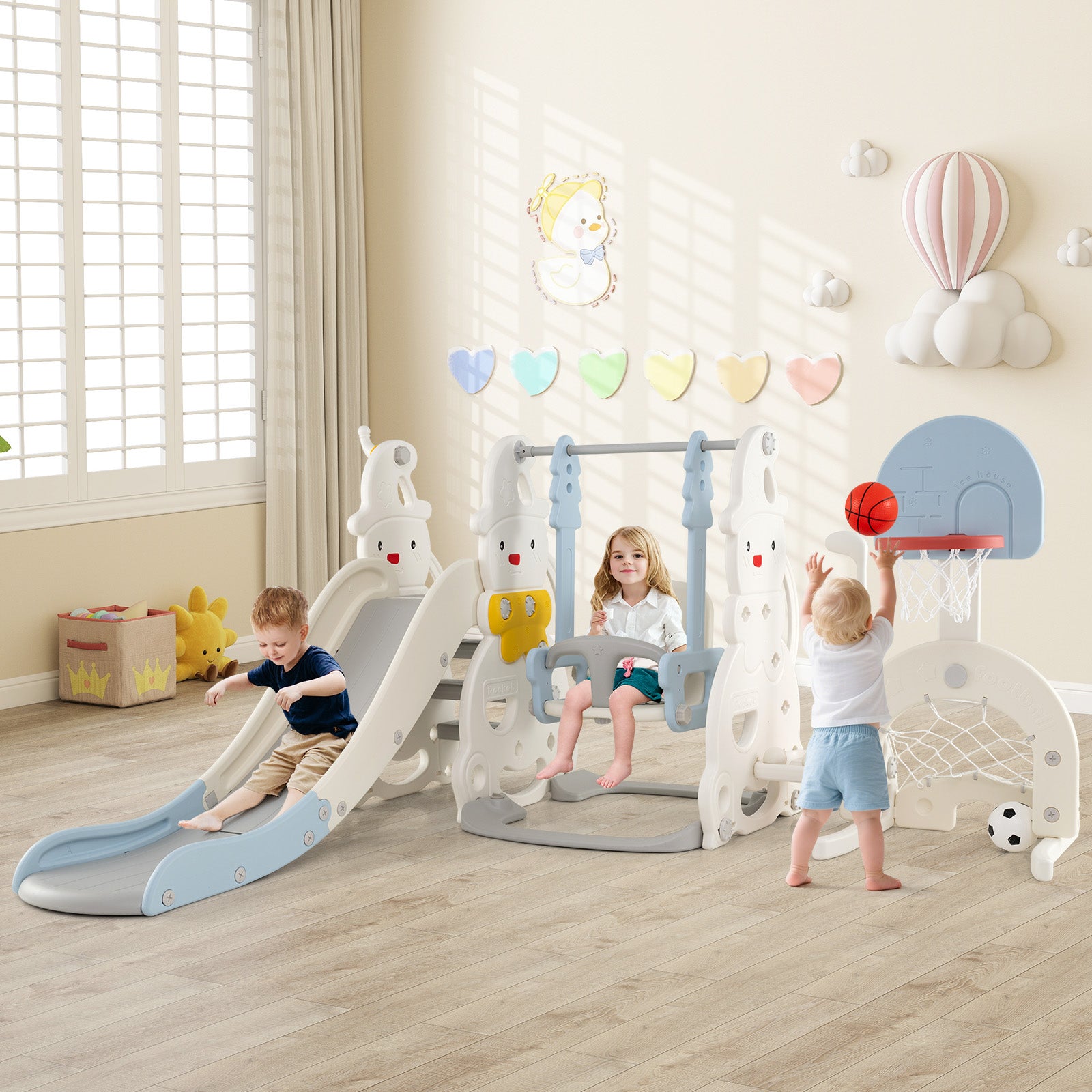 7 in 1 Toddler Slide and Swing Set with Height Adjustable Swing and Basketball Hoop, Multicolor Swing & Playsets at Gallery Canada