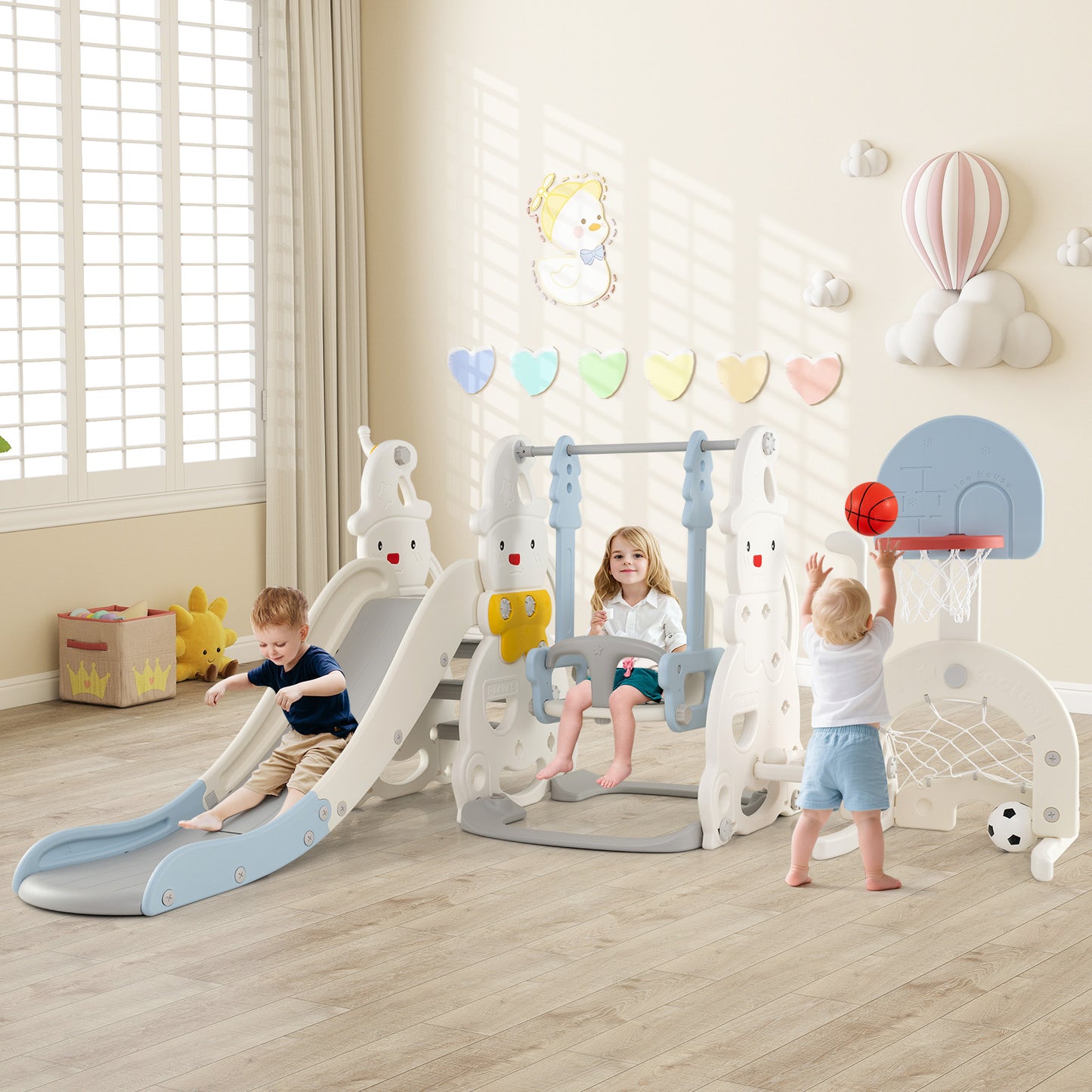 7 in 1 Toddler Slide and Swing Set with Height Adjustable Swing and Basketball Hoop, Multicolor Swing & Playsets at Gallery Canada