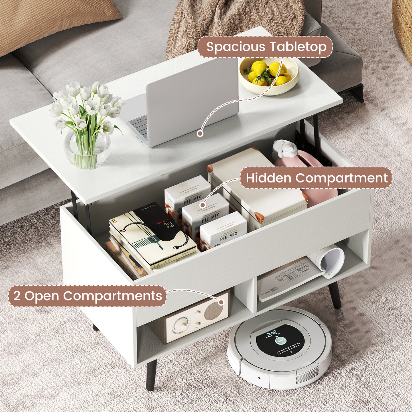 31.5 Inch Lift-Top Coffee Table, Hidden Storage, 2 Shelves, White Living Room at Gallery Canada