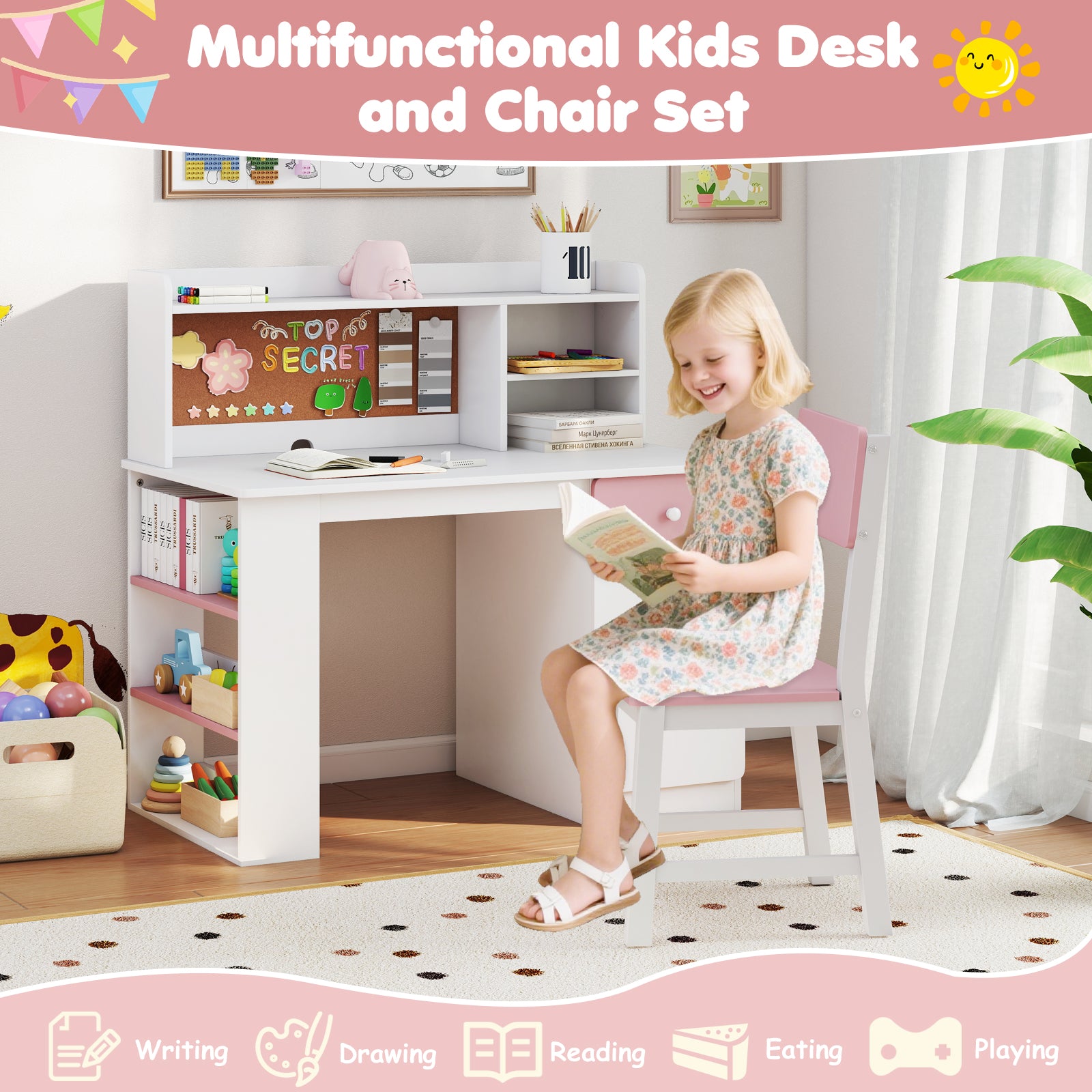 Kids Desk and Chair Set with Hutch and 3-Layer Side Shelf, Pink Kids Table & Chair Sets at Gallery Canada