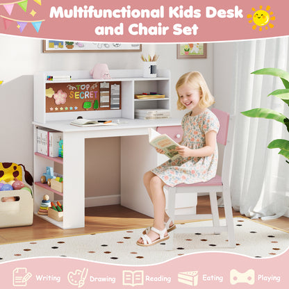 Kids Desk and Chair Set with Hutch and 3-Layer Side Shelf, Pink Kids Table & Chair Sets at Gallery Canada