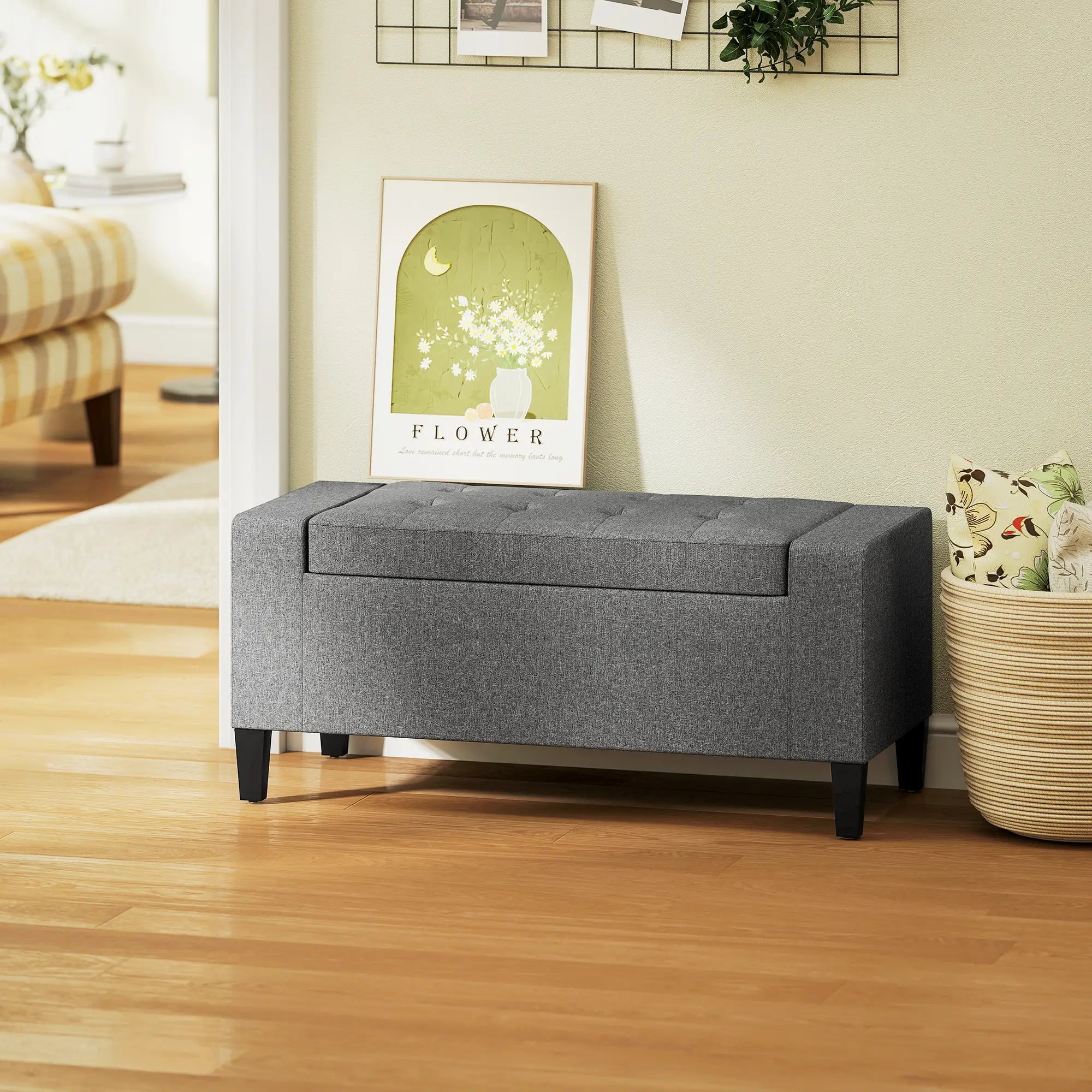 Storage Ottoman Bench, Tufted Linen Fabric, Flipping Top, Grey Storage Ottomans & Benches at Gallery Canada