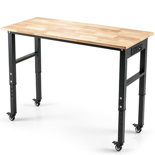 46 Inch Adjustable Height Workbench, Wheels, Oak Top, Natural Garages Natural at Gallery Canada