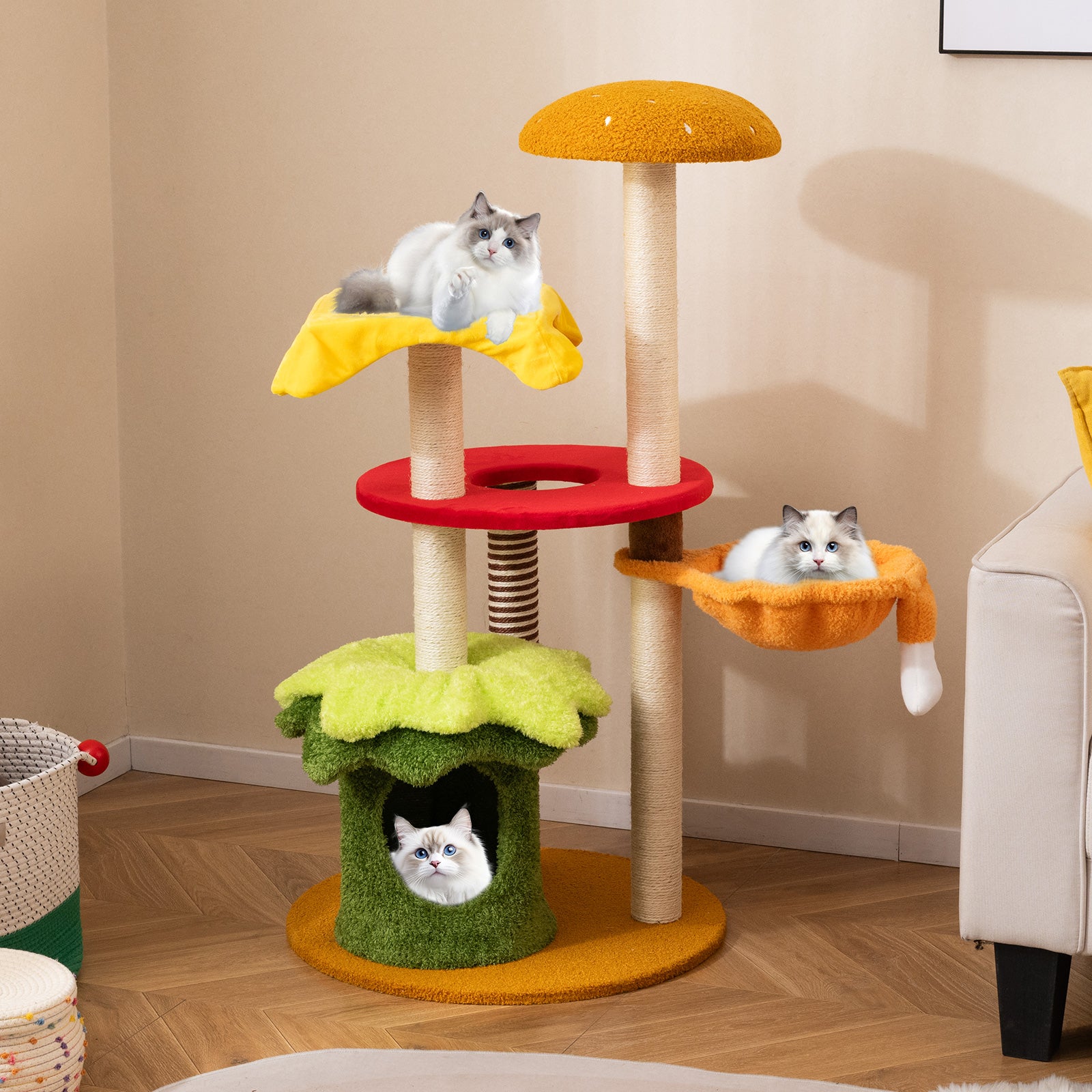 46 Inch Tall Cat Tree, Multi-Level, Padded Perch, Hanging Basket Bed, Yellow Cat Trees Condos & Scratchers at Gallery Canada