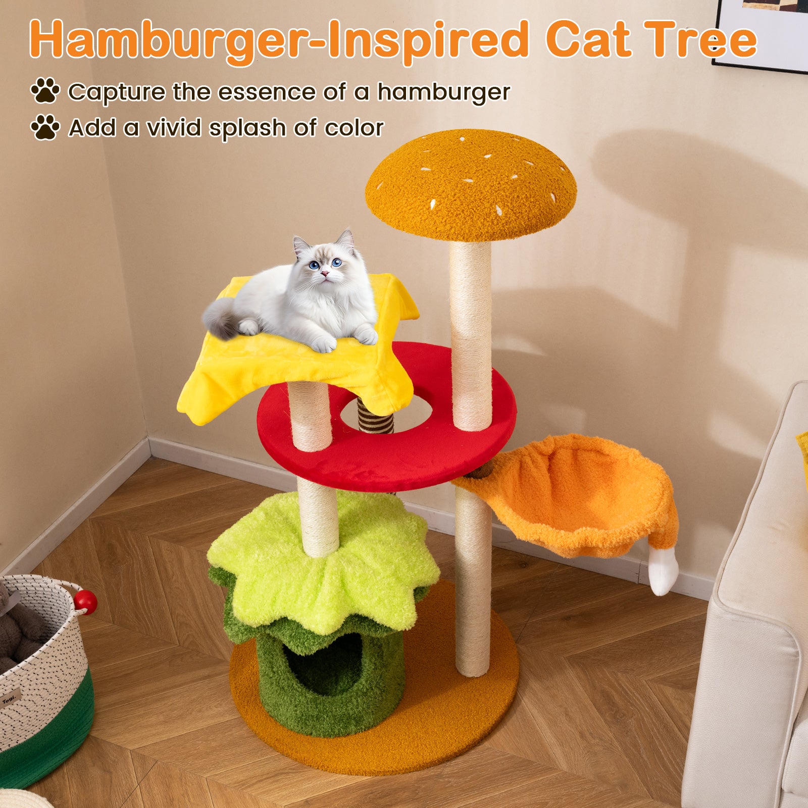 46 Inch Tall Cat Tree, Multi-Level, Padded Perch, Hanging Basket Bed, Yellow Cat Trees Condos & Scratchers at Gallery Canada
