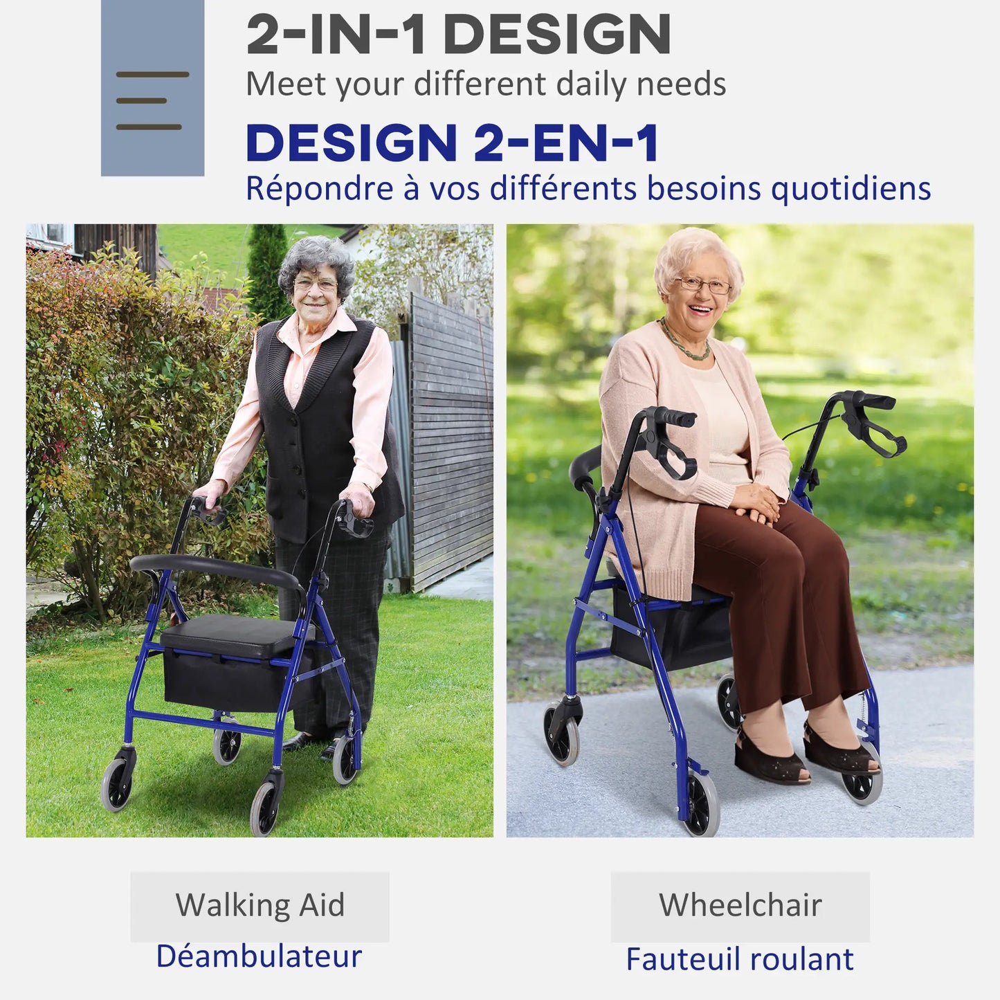 Folding Aluminum Rollator Walker, Adjustable Height, Cushioned Seat, Storage Bag, 2 Barker Wheels, Blue Knee Walker & Wheelchair Ramps at Gallery Canada