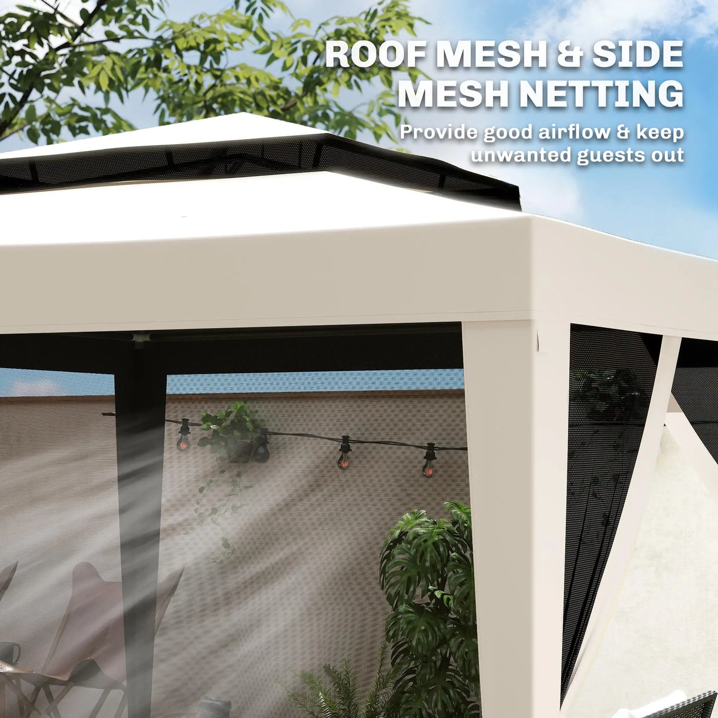 10' x 10' Outdoor Canopy Tent, Mesh Netting, Double Tier Roof, Cream White Gazebos at Gallery Canada