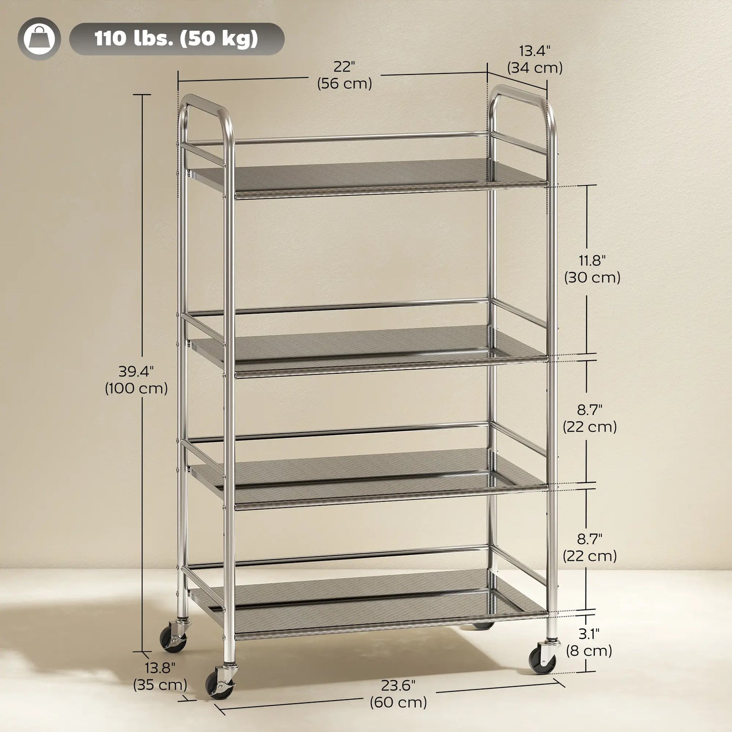 4 Tier Stainless Steel Rolling Cart, Adjustable Shelves, Wheels, Silver Kitchen Islands & Kitchen Carts at Gallery Canada