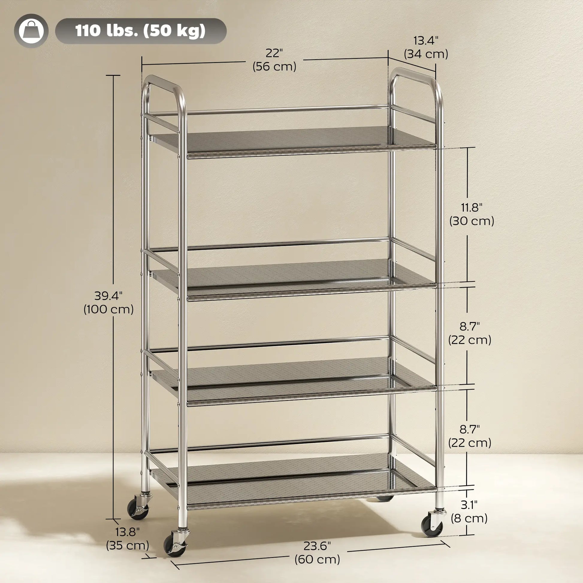 4 Tier Stainless Steel Rolling Cart, Adjustable Shelves, Wheels, Silver Kitchen Islands & Kitchen Carts at Gallery Canada