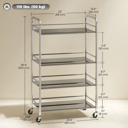 4 Tier Stainless Steel Rolling Cart, Adjustable Shelves, Wheels, Silver Kitchen Islands & Kitchen Carts at Gallery Canada