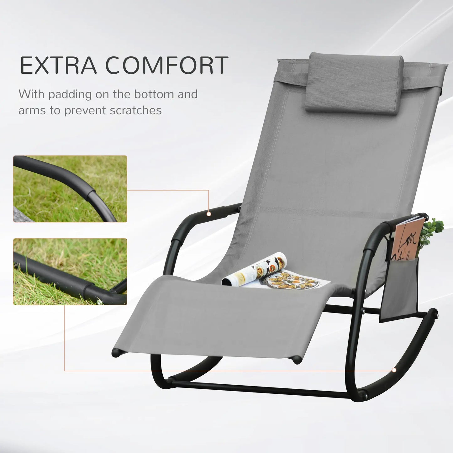 Outdoor Rocking Chair, Mesh Fabric, Removable Headrest, Side Pocket, Grey Outdoor Rocking Chairs at Gallery Canada