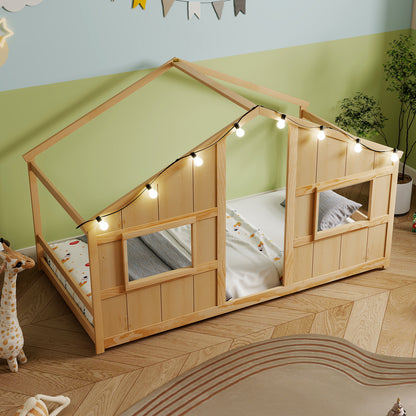 Twin Size House Bed with LED Lights Montessori Slat-free Floor Bed, Natural Toddler Beds at Gallery Canada