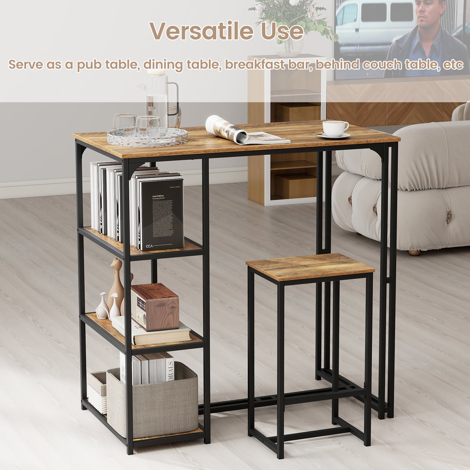 3-Piece Bar Table Set for 2 Bar-Height Dining Table with 2 Stools, Rustic Brown Dining Room Sets at Gallery Canada