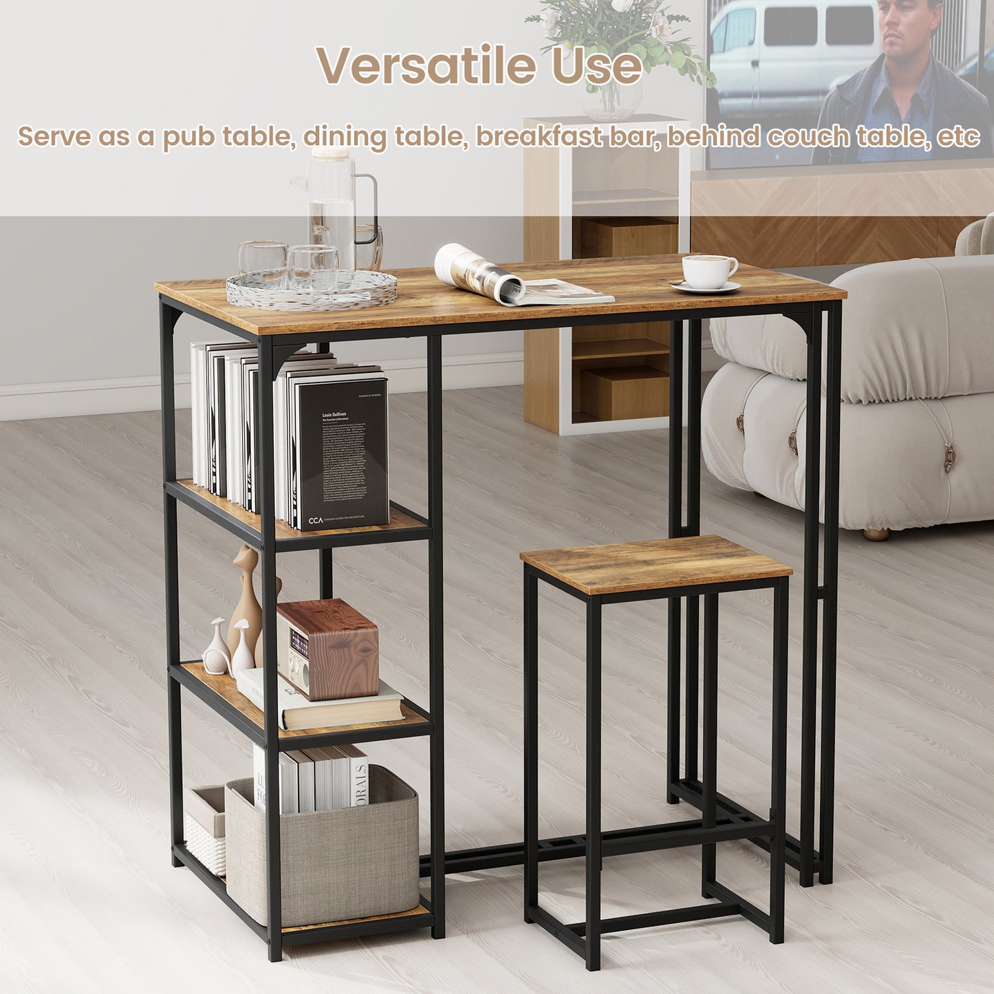 3-Piece Bar Table Set for 2 Bar-Height Dining Table with 2 Stools, Rustic Brown Dining Room Sets at Gallery Canada