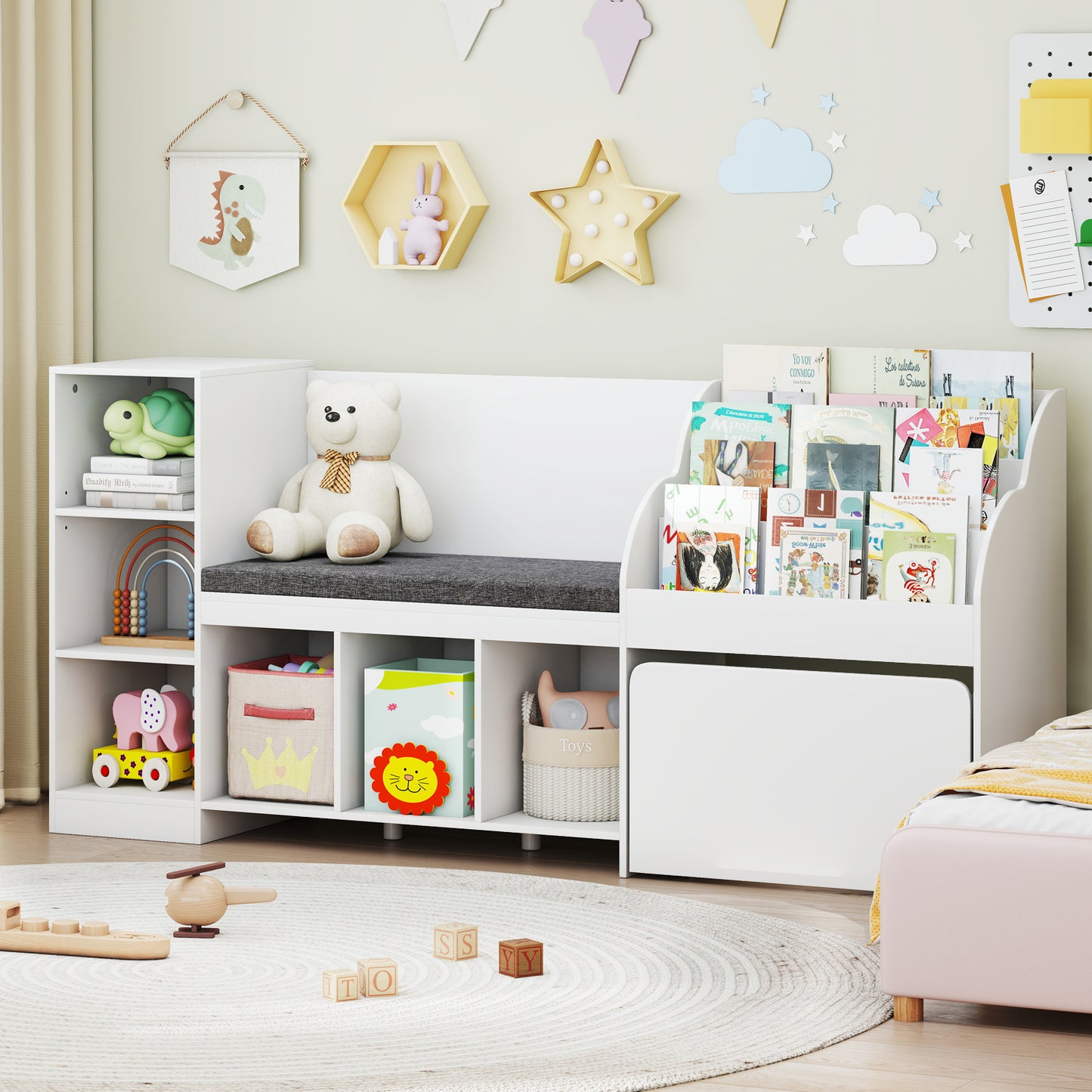 Kids Bookcase with Reading Nook 4-in-1 Standing Toy Organizer, White Kids Storage at Gallery Canada