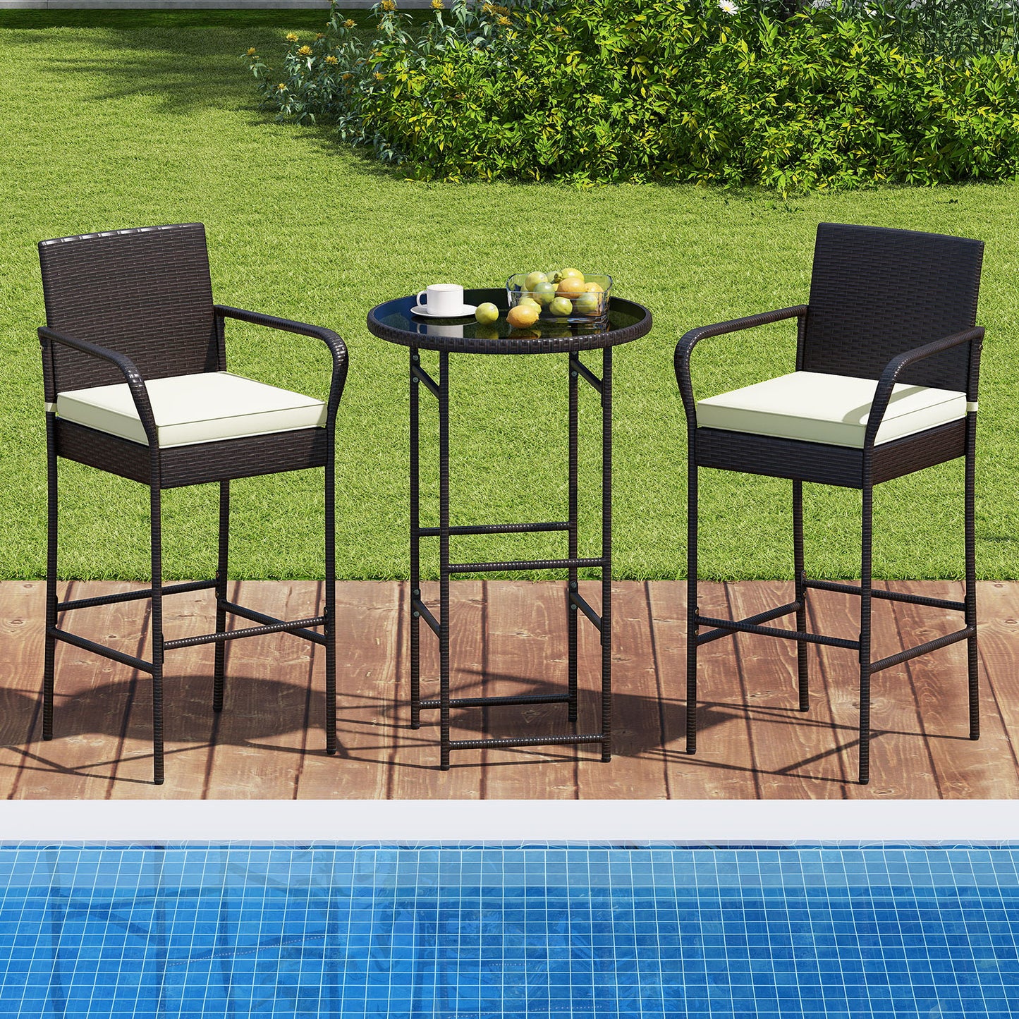 3 Piece Outdoor Bar Set with 2 Seat Cushions for Porch Yard, White Patio Bar Furniture at Gallery Canada