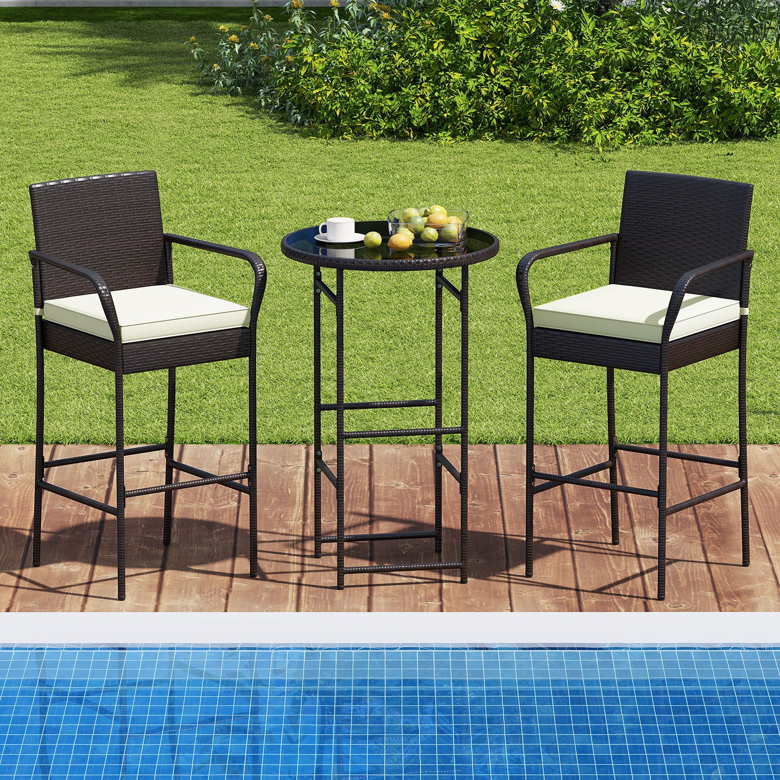 3 Piece Outdoor Bar Set with 2 Seat Cushions for Porch Yard, White Patio Bar Furniture at Gallery Canada