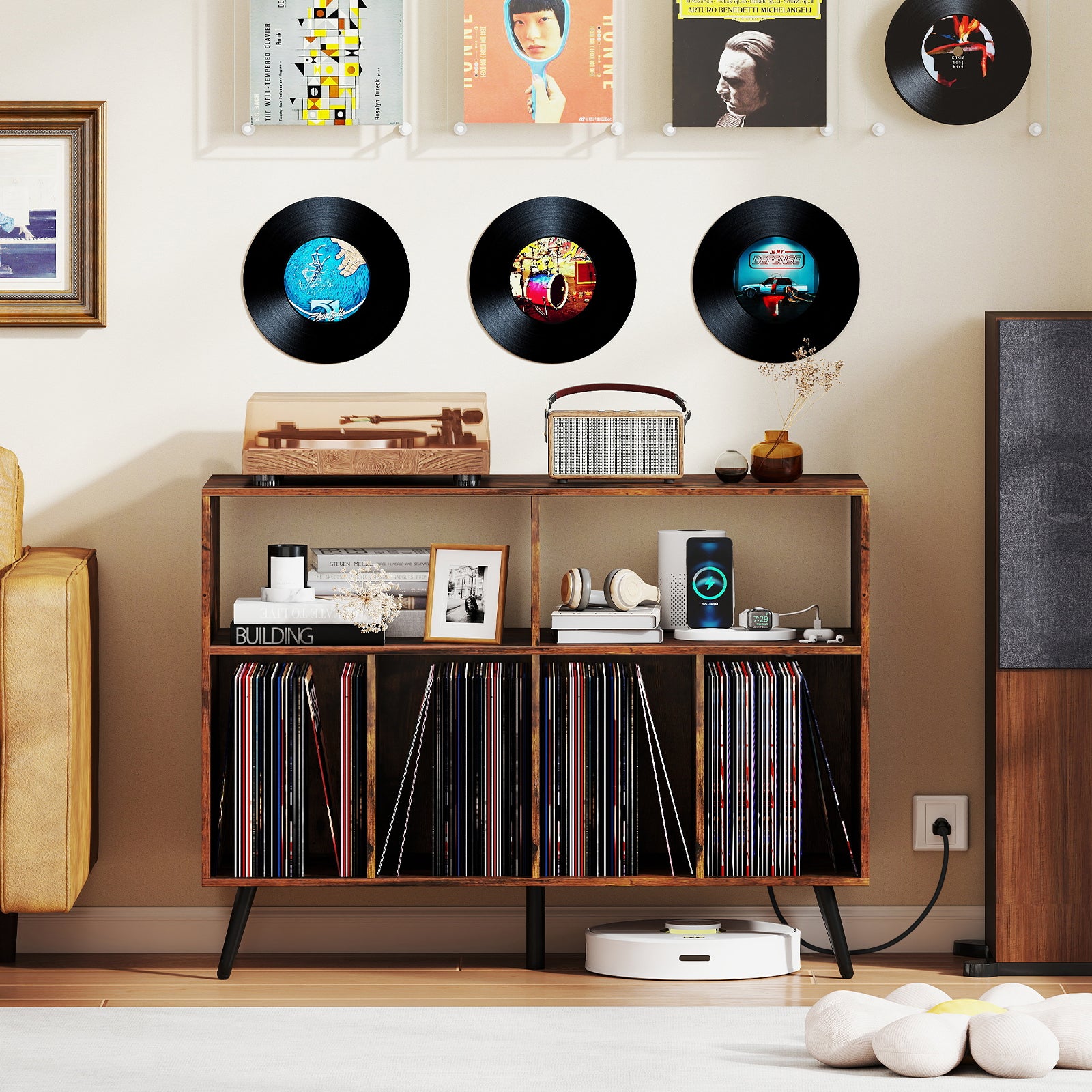 Record Player Stand with Charging Station and Open Shelves, Rustic Brown End & Side Tables at Gallery Canada