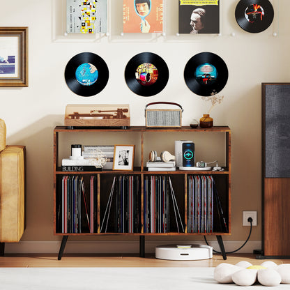 Record Player Stand with Charging Station and Open Shelves, Rustic Brown End & Side Tables at Gallery Canada