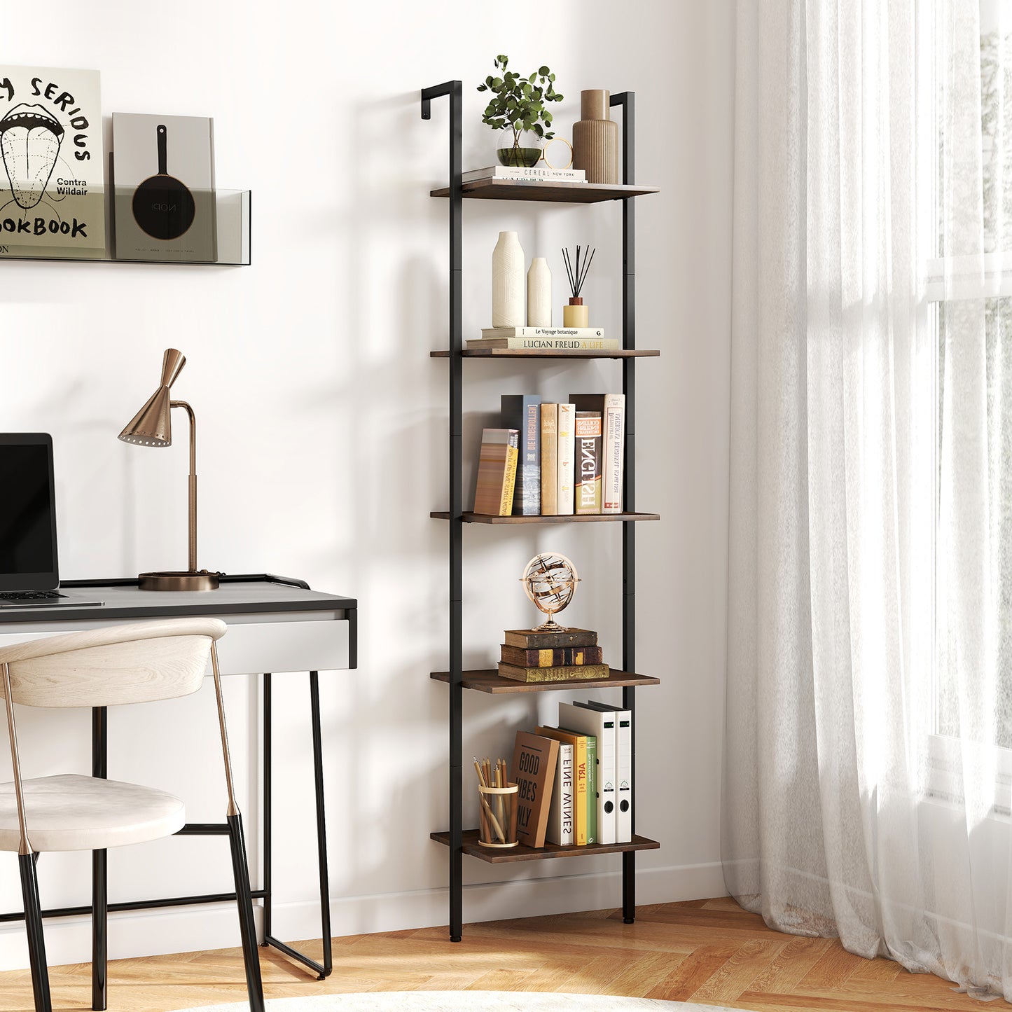 5 Tier Wall Mount Ladder Shelf with Anti-Tipping Kits for Home Office, Rustic Brown Bookcases at Gallery Canada