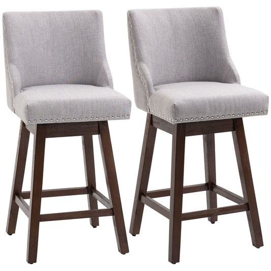 Swivel Bar stool Set of 2 Armless Upholstered Bar Chairs with Nailhead-Trim, Wood Legs, Light Grey - Gallery Canada