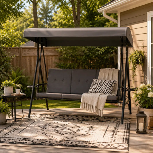 3-Seat Outdoor Swing With Adjustable Canopy, Side Tray, Removable Cushion, Grey Patio Swings with Stand Grey at Gallery Canada