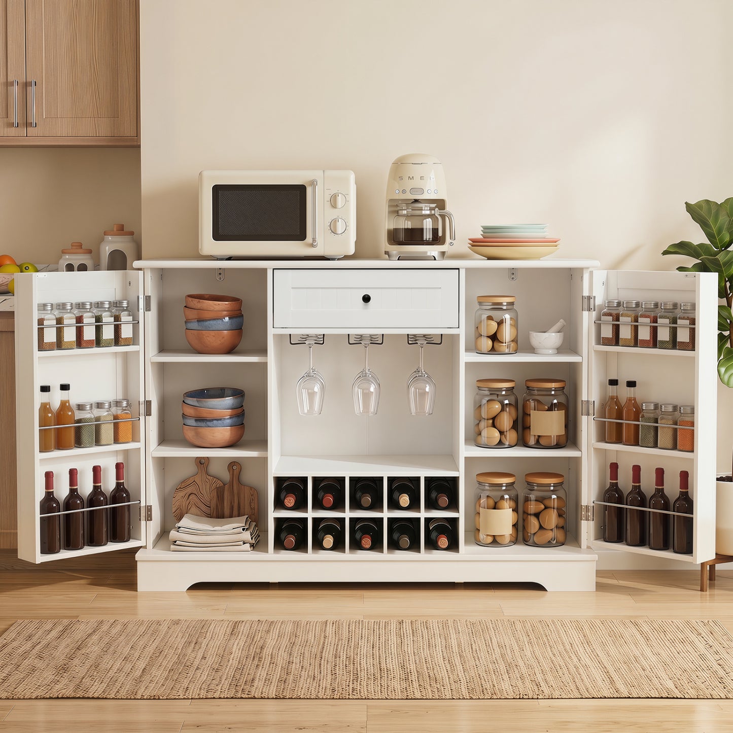 47.2 In Sideboard Cabinet, 10-Bottle Wine Rack, White