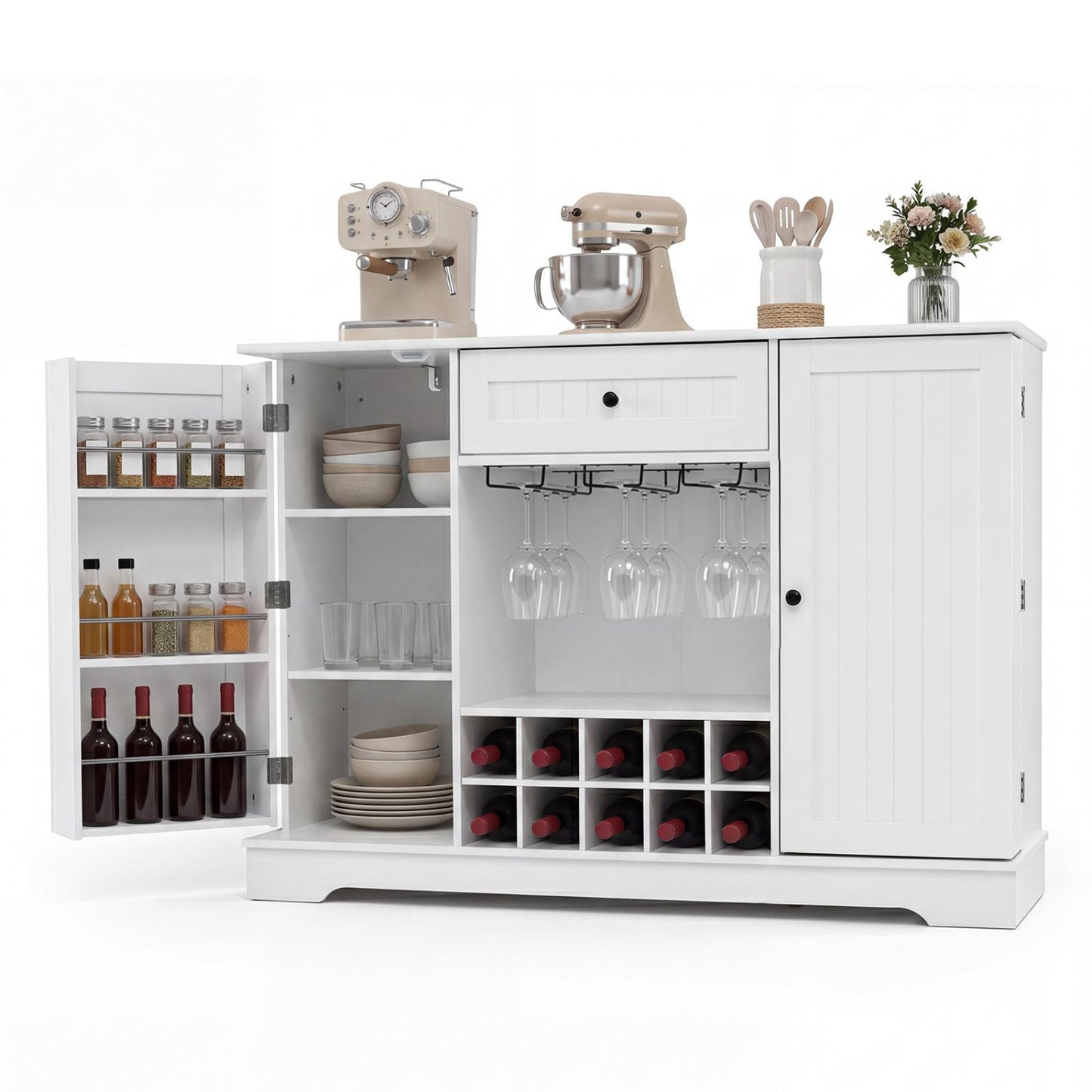 47.2 In Sideboard Cabinet, 10-Bottle Wine Rack, White
