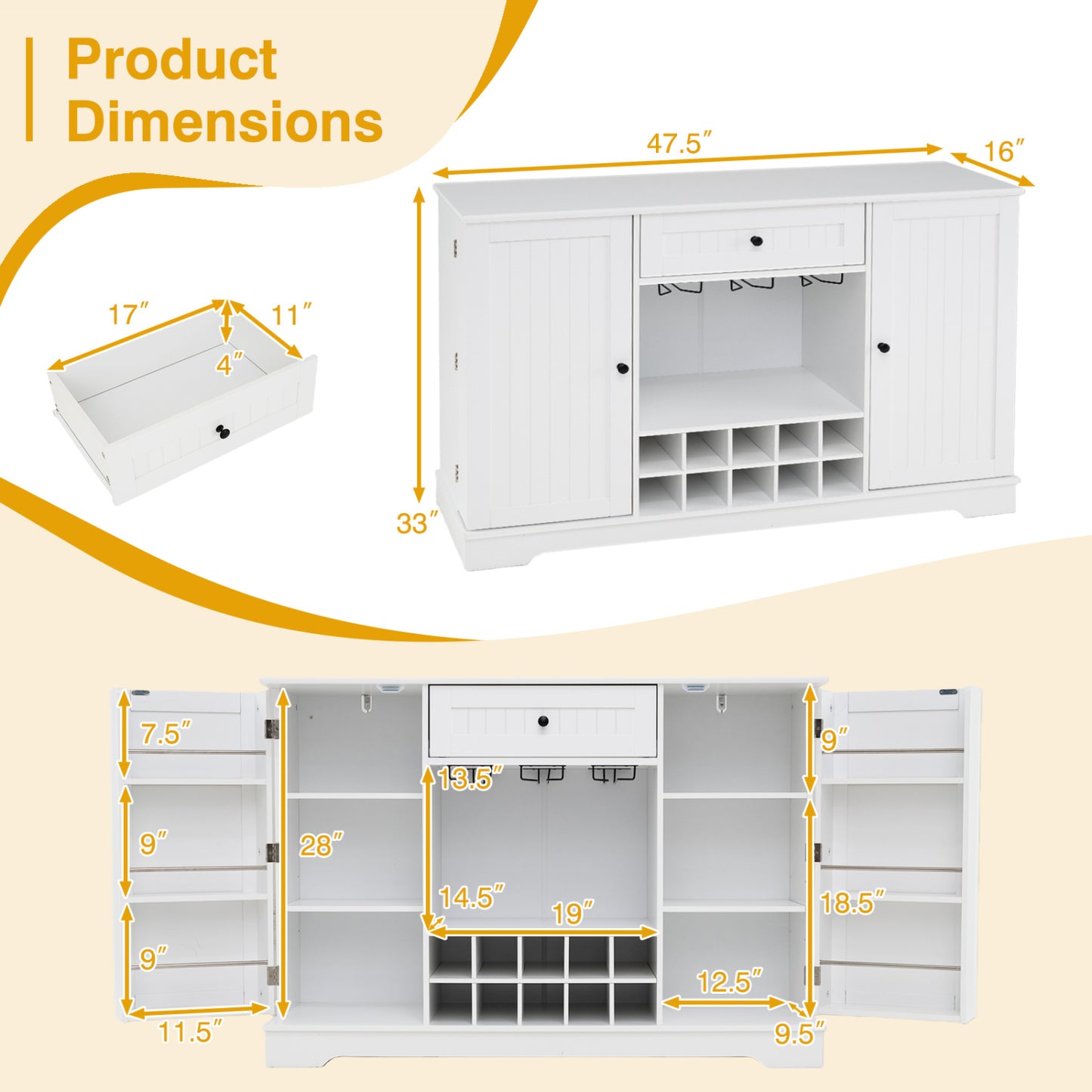 47.2 In Sideboard Cabinet, 10-Bottle Wine Rack, White
