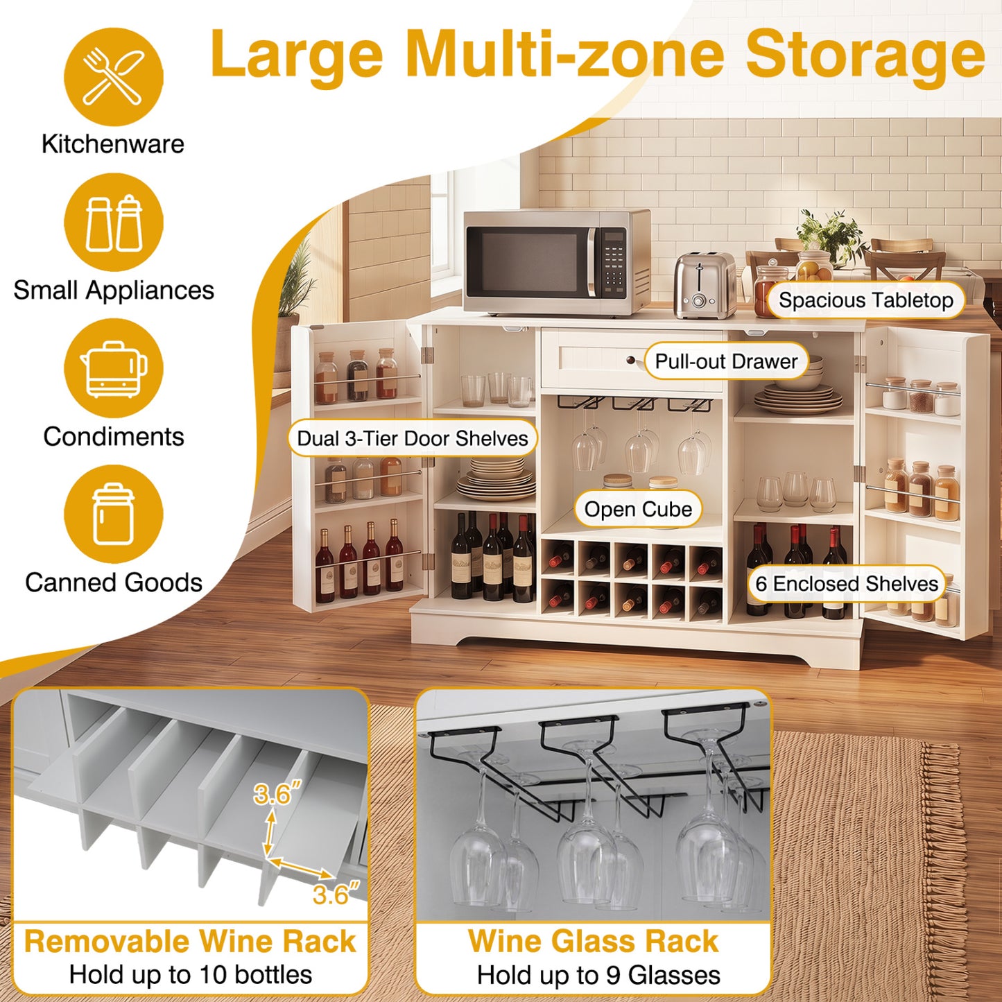 47.2 In Sideboard Cabinet, 10-Bottle Wine Rack, White