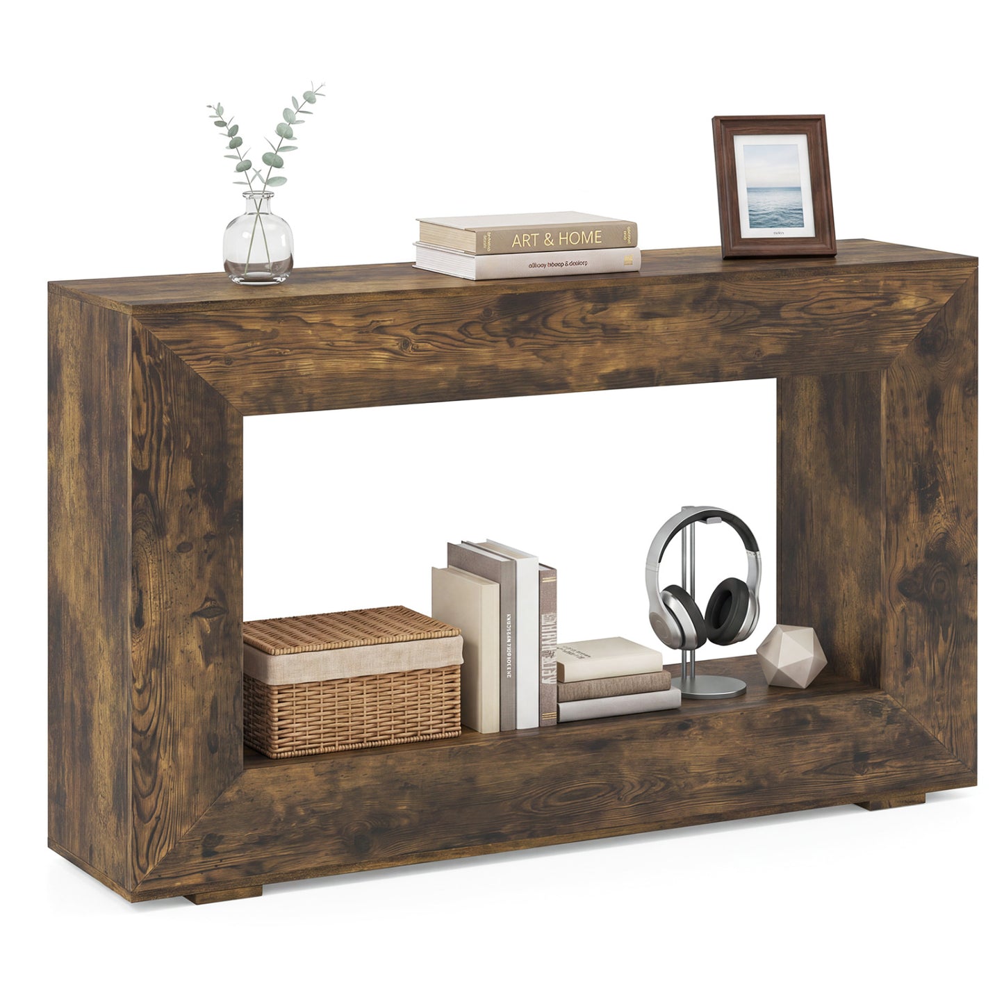 Table console de ferme à 2 niveaux, étagère ouverte, brun rustique