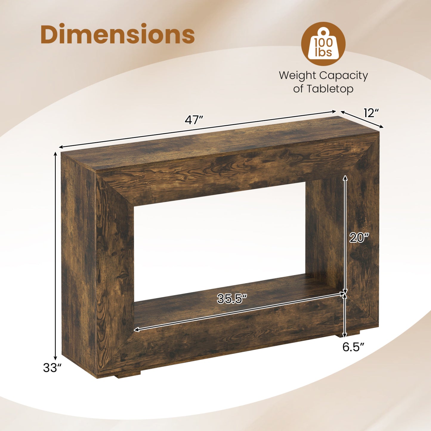 Table console de ferme à 2 niveaux, étagère ouverte, brun rustique