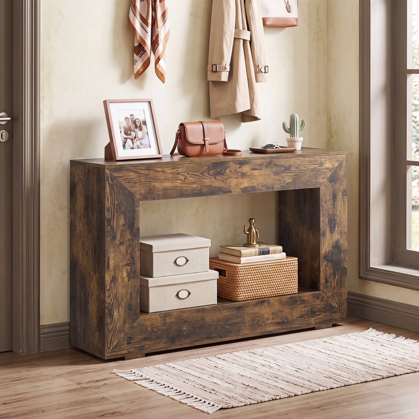 Table console de ferme à 2 niveaux, étagère ouverte, brun rustique