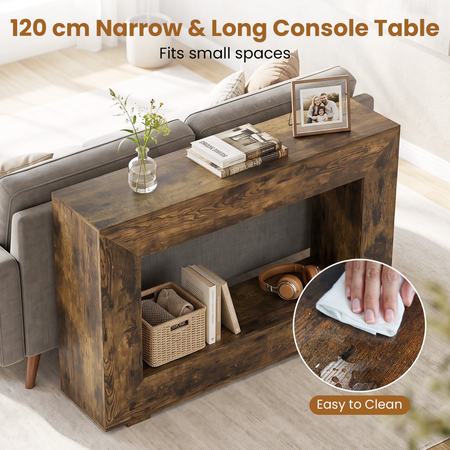 Table console de ferme à 2 niveaux, étagère ouverte, brun rustique