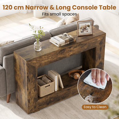Table console de ferme à 2 niveaux, étagère ouverte, brun rustique