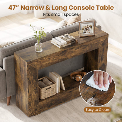 Table console de ferme à 2 niveaux, étagère ouverte, brun rustique