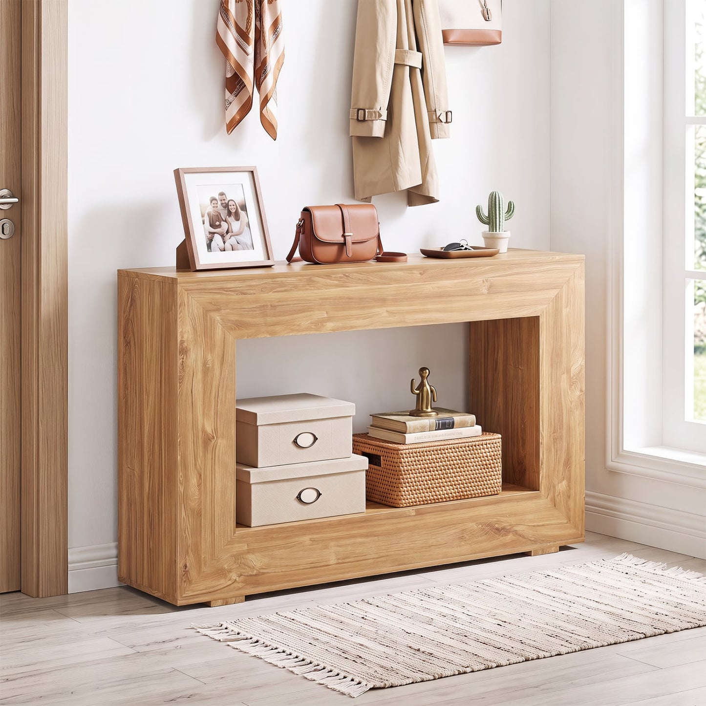 Table console de ferme à 2 niveaux avec étagère, naturelle, 47 pouces