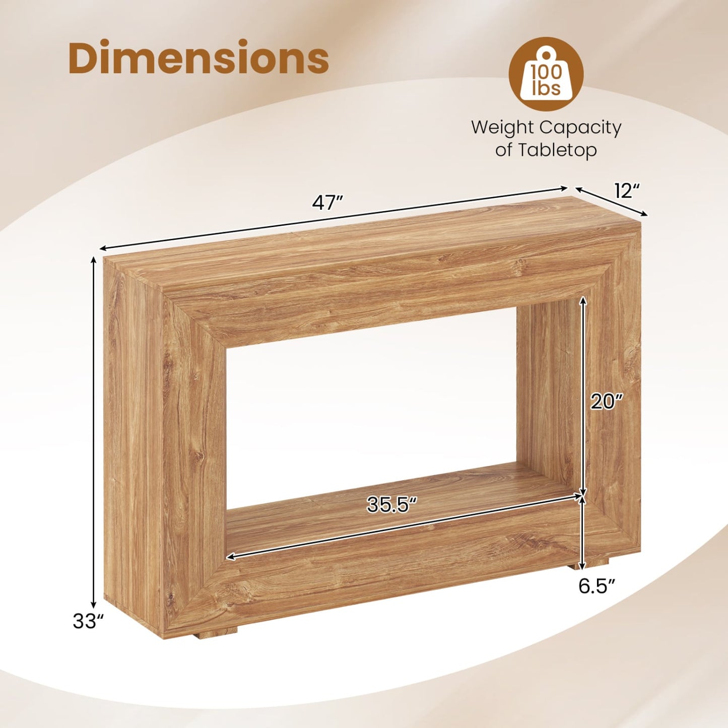 Table console de ferme à 2 niveaux avec étagère, naturelle, 47 pouces