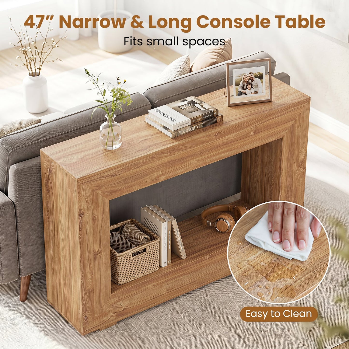 Table console de ferme à 2 niveaux avec étagère, naturelle, 47 pouces