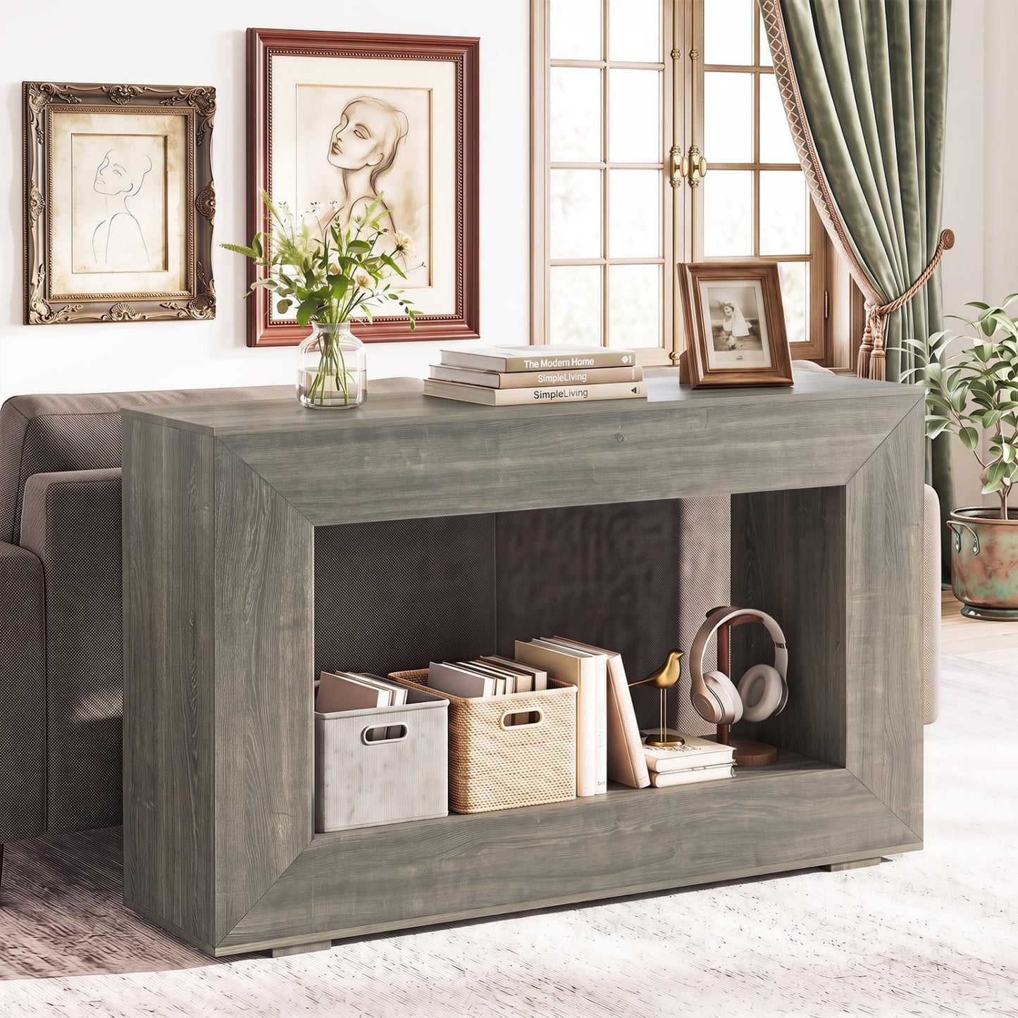Table console de ferme à 2 niveaux, étagère de rangement ouverte, chêne