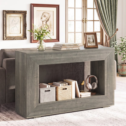 Table console de ferme à 2 niveaux, étagère de rangement ouverte, chêne