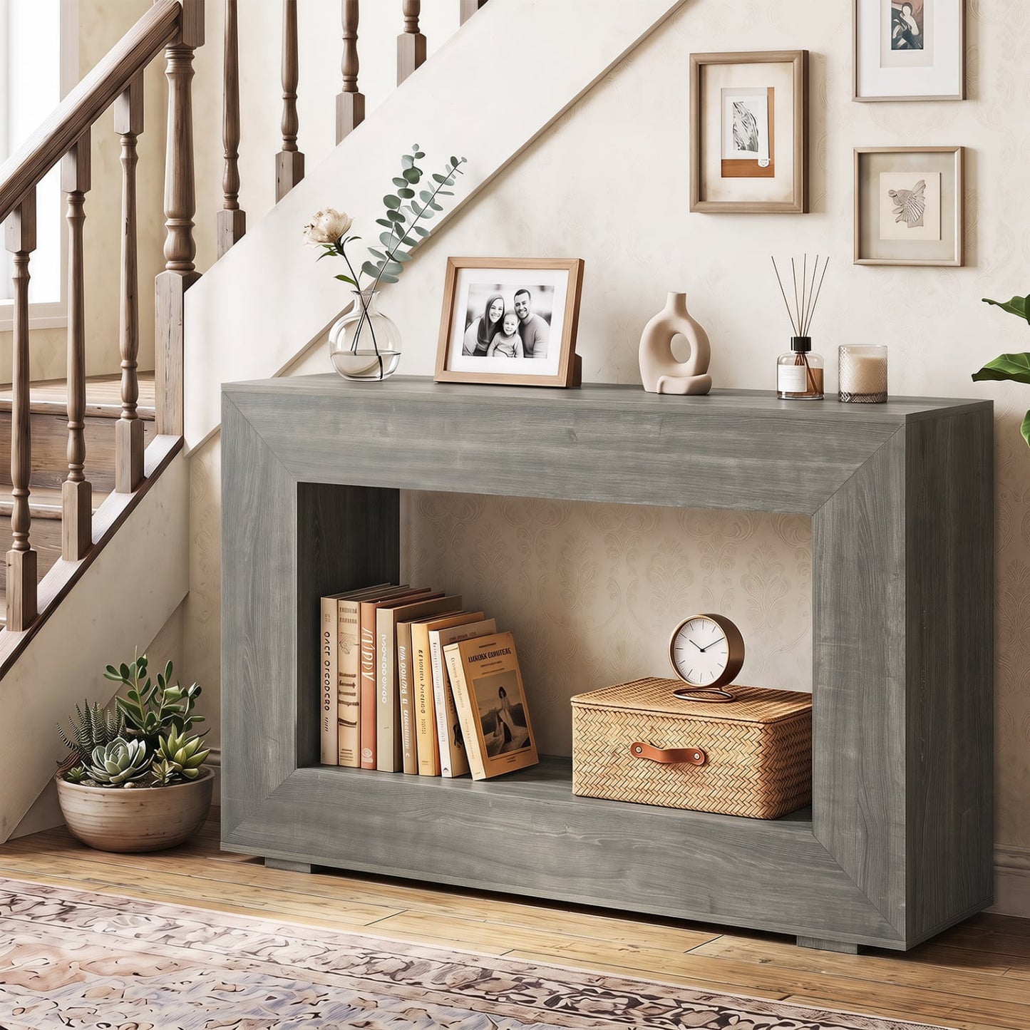 Table console de ferme à 2 niveaux, étagère de rangement ouverte, chêne