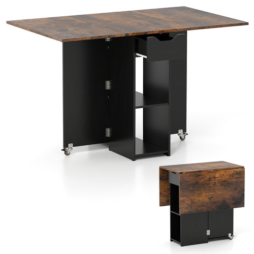 47.5 Inch Farmhouse Extendable Wooden Dinner Table with Lockable Wheels, Rustic Brown